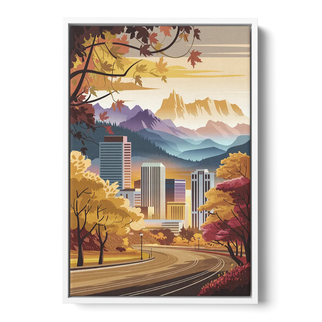 Denver Cityscape in Autumn Front - White Canvas Wall Art