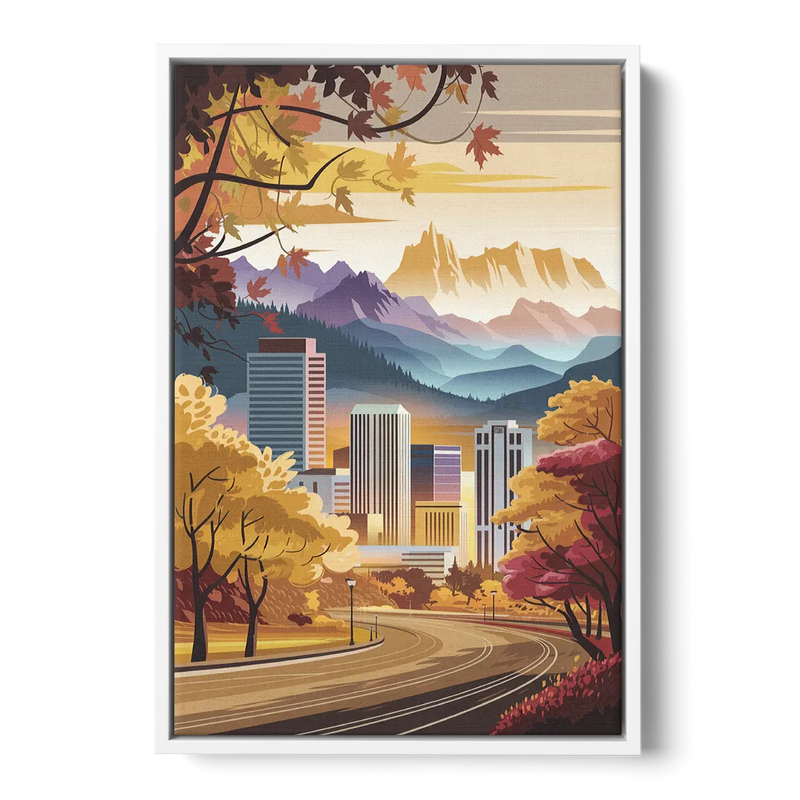 Denver Cityscape in Autumn Front - White Canvas Wall Art