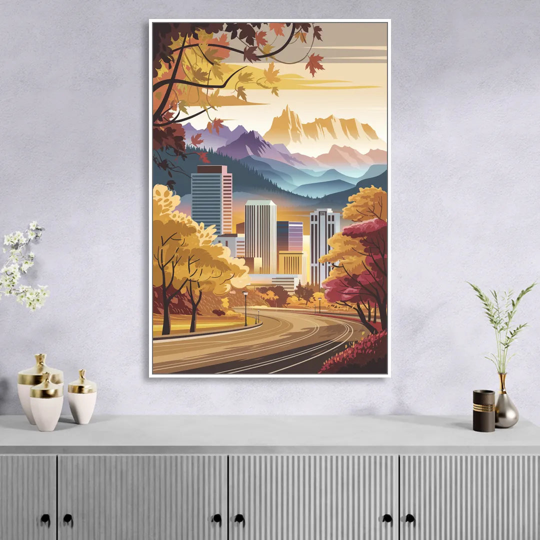 Denver Cityscape in Autumn Sitting Room - White Canvas Wall Art