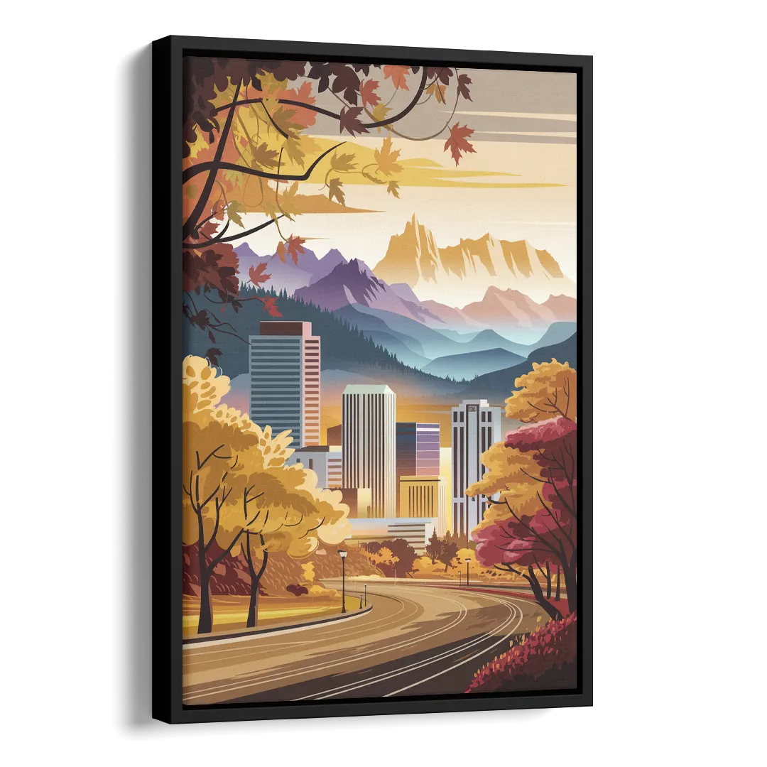 Denver Cityscape in Autumn Side - Black Canvas Wall Art