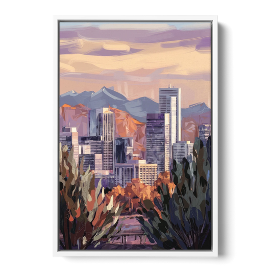 Denver Downtown Panorama - White Framed Canvas Wall Art - Front
