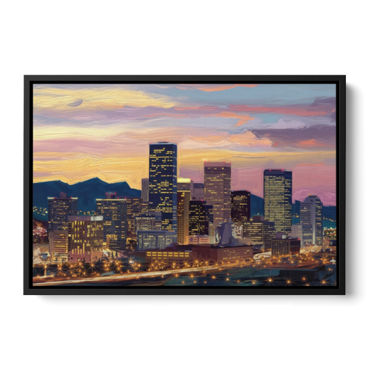 Denver Skyline At Dusk - Black Framed Canvas Wall Art - Front
