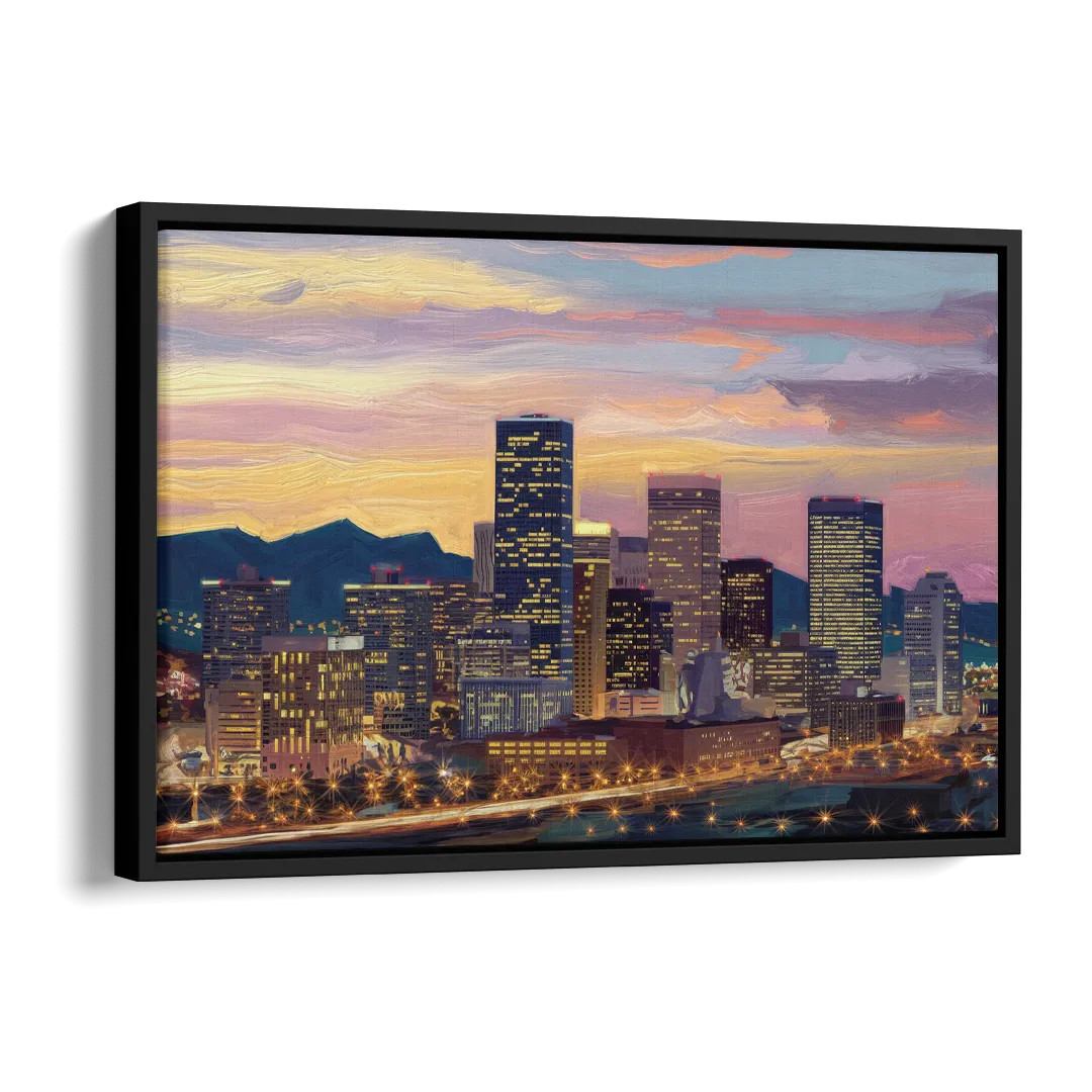 Denver Skyline At Dusk Side - Black Canvas Wall Art