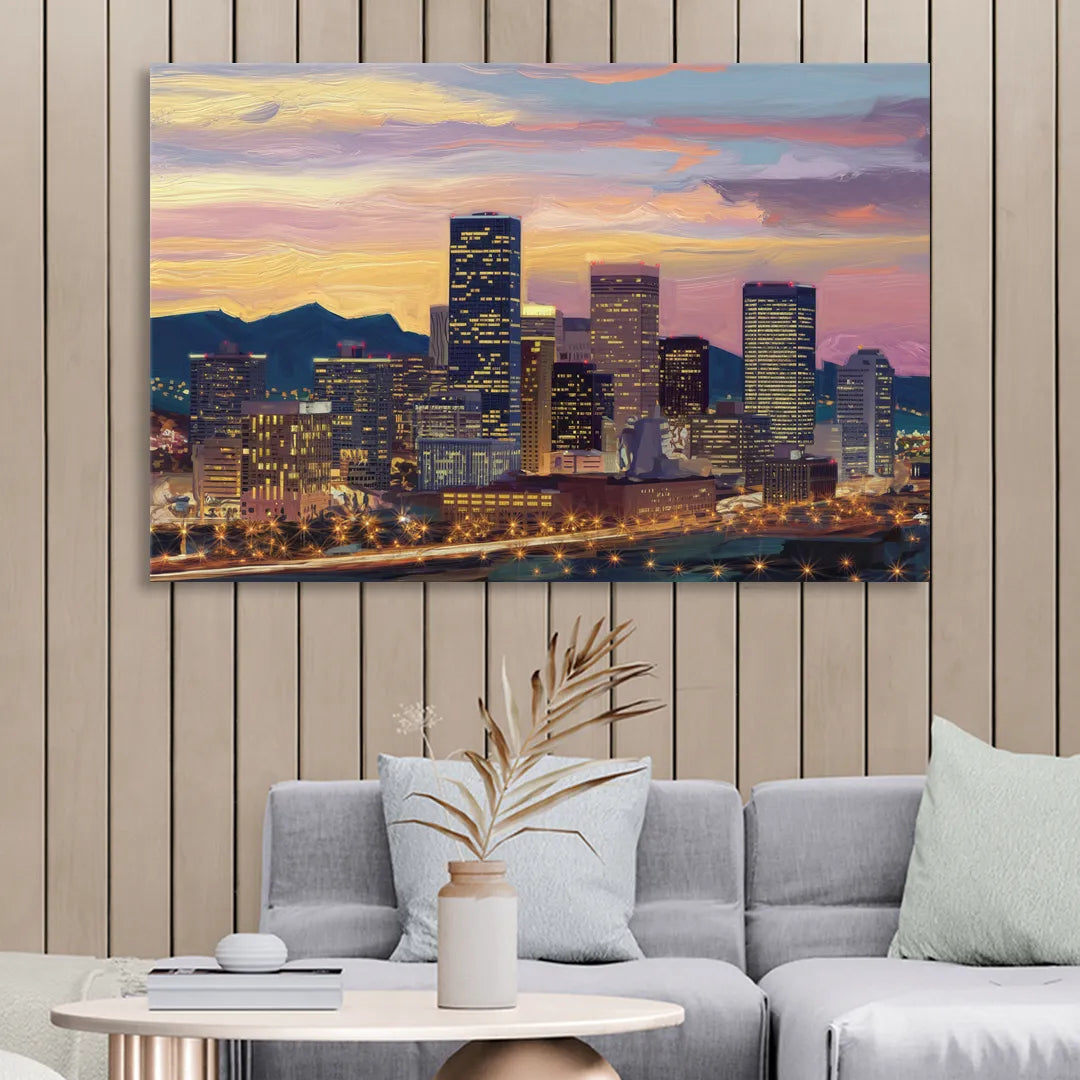 Denver Skyline At Dusk Living Room - Canvas Wall Art