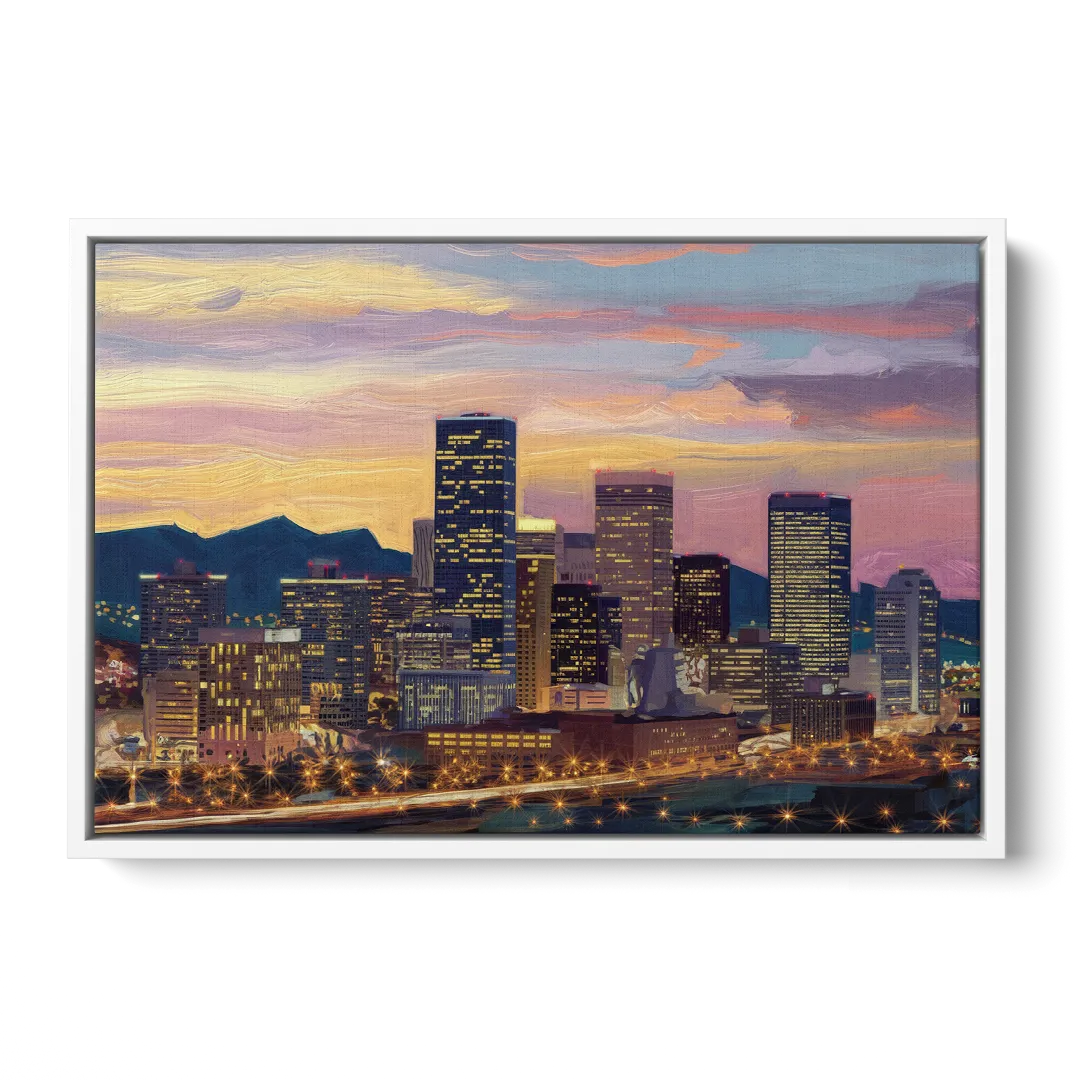 Denver Skyline At Dusk Front - White Canvas Wall Art