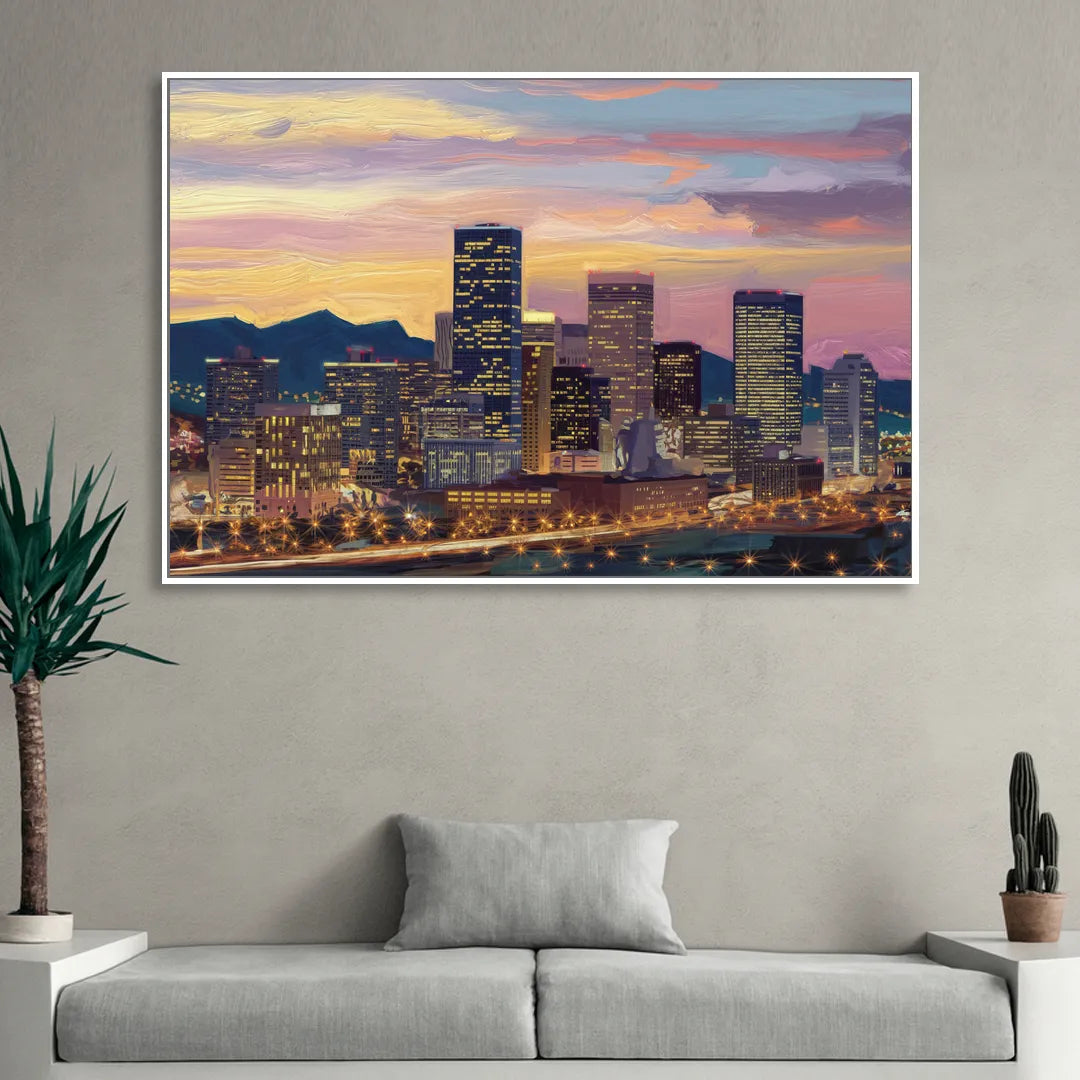 Denver Skyline At Dusk Sitting Room - White Canvas Wall Art