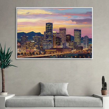 Denver Skyline At Dusk Sitting Room - White Canvas Wall Art