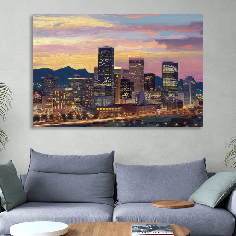 Denver Skyline At Dusk Sitting Room - Canvas Wall Art