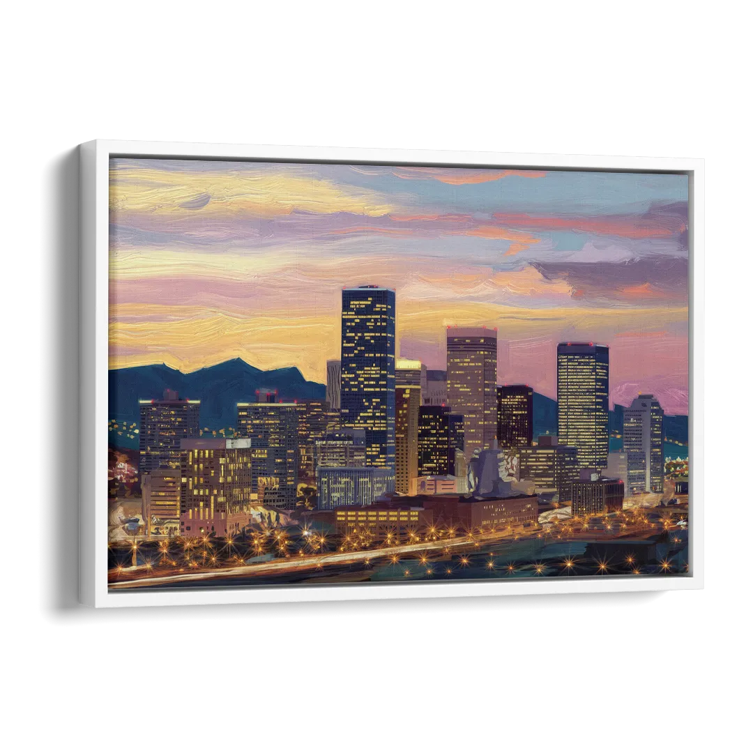 Denver Skyline At Dusk Side - White Canvas Wall Art