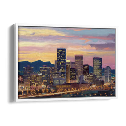 Denver Skyline At Dusk Side - White Canvas Wall Art