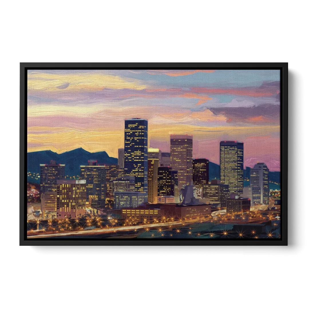 Denver Skyline At Dusk Front - Black Canvas Wall Art