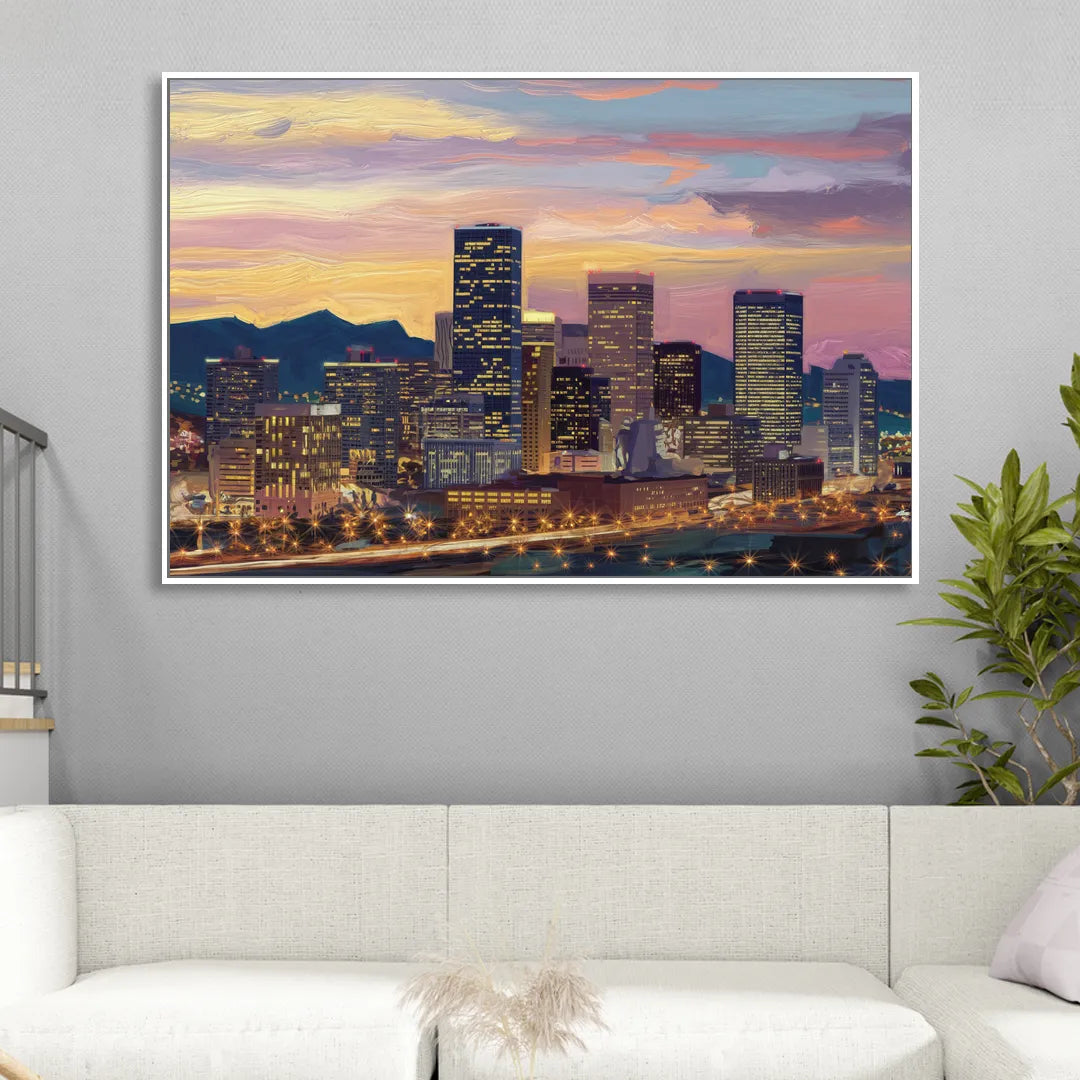 Denver Skyline At Dusk Living Room - White Canvas Wall Art