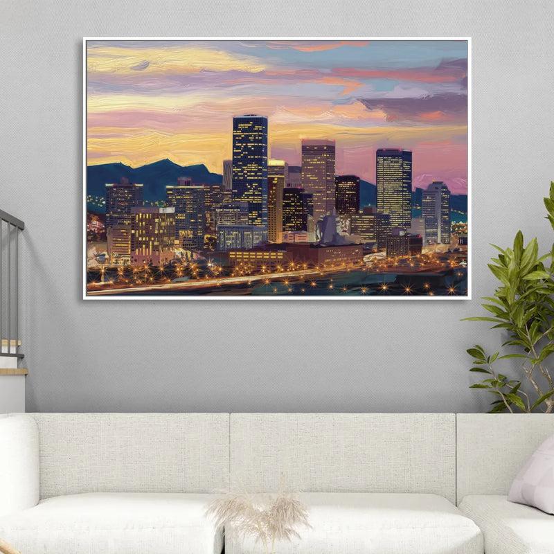 Denver Skyline At Dusk Living Room - White Canvas Wall Art