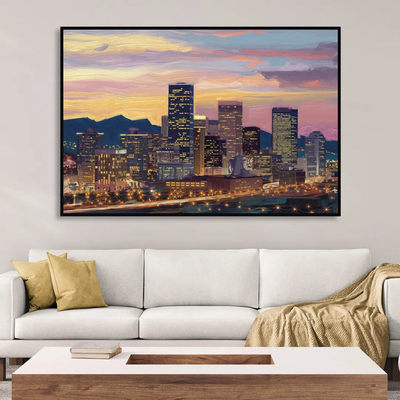 Denver Skyline At Dusk Sitting Room - Black Canvas Wall Art