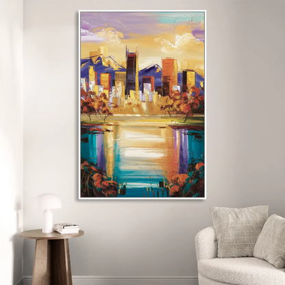 Denver Skyline Reflection Sitting Room - White Canvas Wall Art