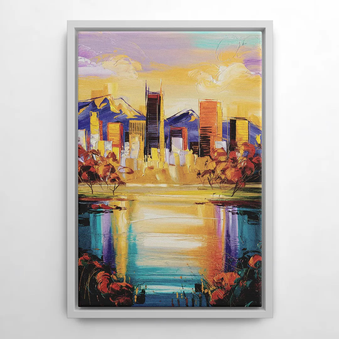 Denver Skyline Reflection - White Frame Canvas