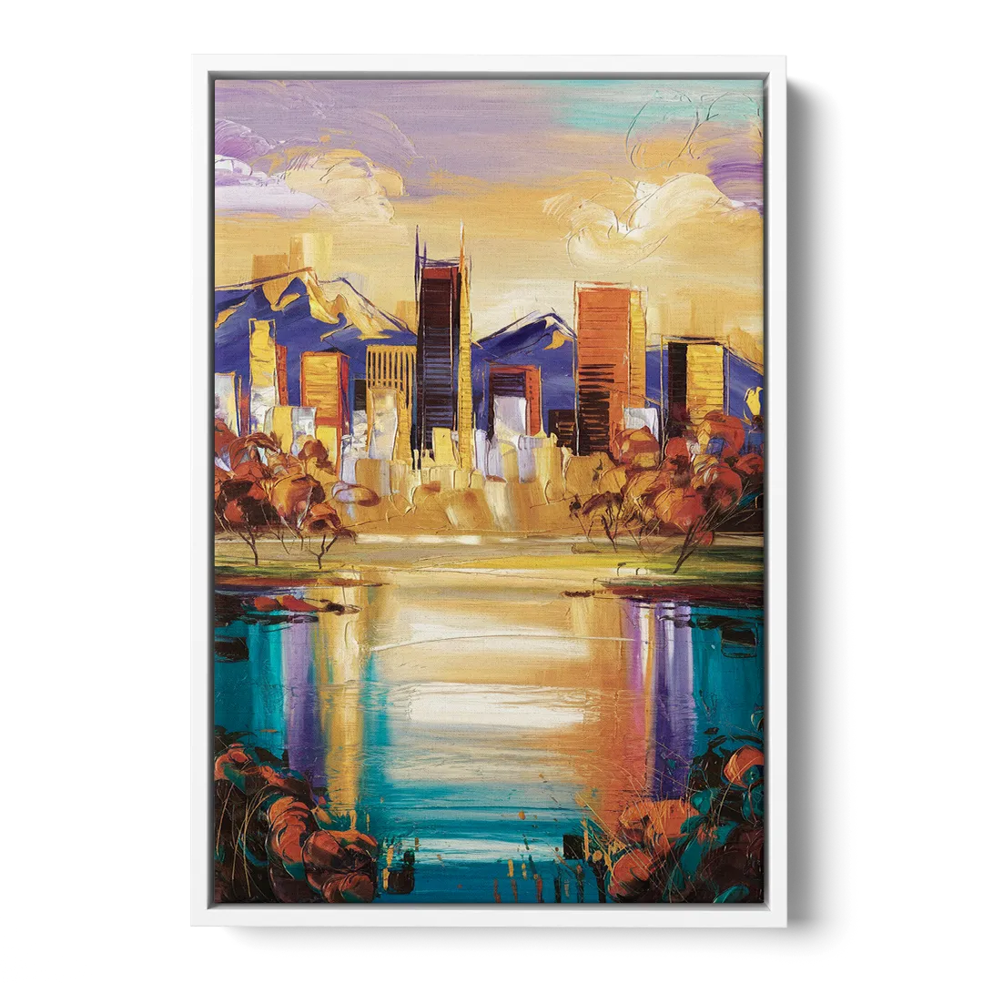 Denver Skyline Reflection Front - White Canvas Wall Art