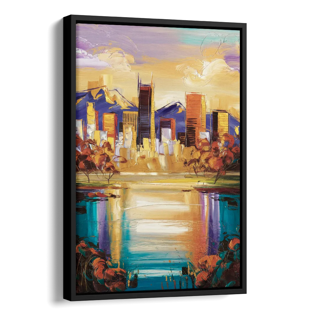 Denver Skyline Reflection Side - Black Canvas Wall Art