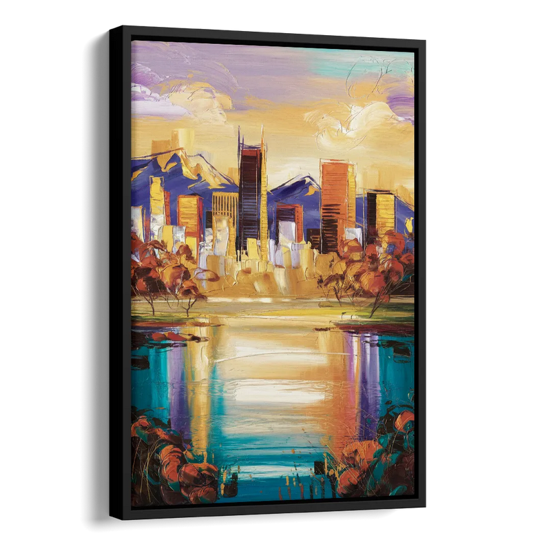 Denver Skyline Reflection Side - Black Canvas Wall Art