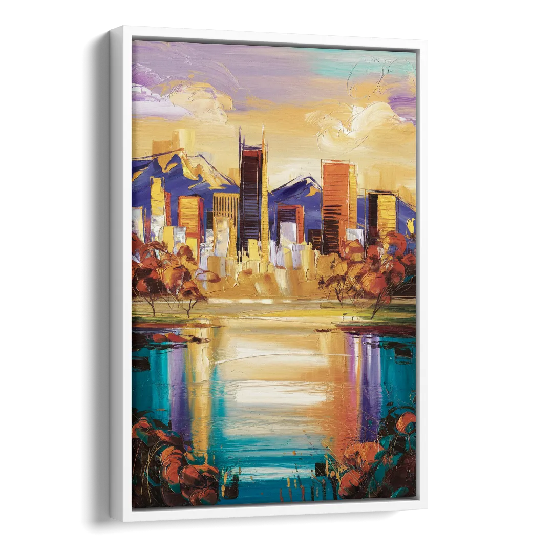 Denver Skyline Reflection Side - White Canvas Wall Art
