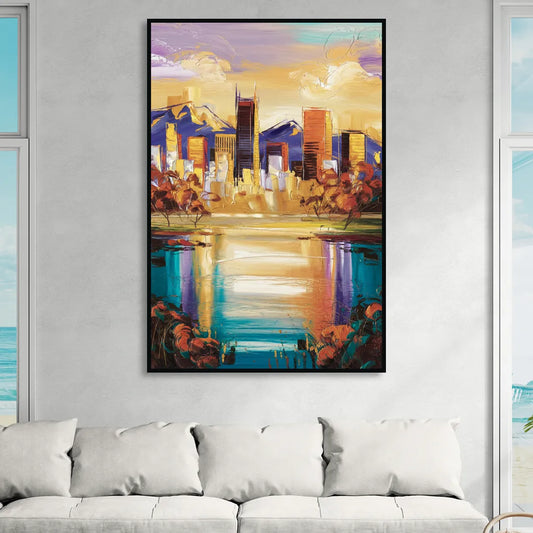 Denver Skyline Reflection Living Room - Black Canvas Wall Art