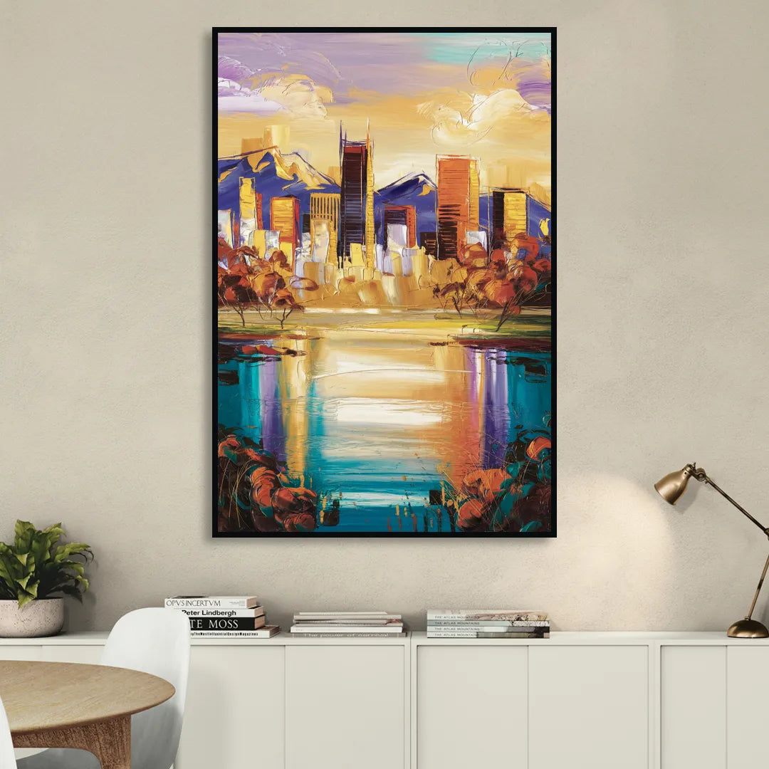 Denver Skyline Reflection Sitting Room - Black Canvas Wall Art
