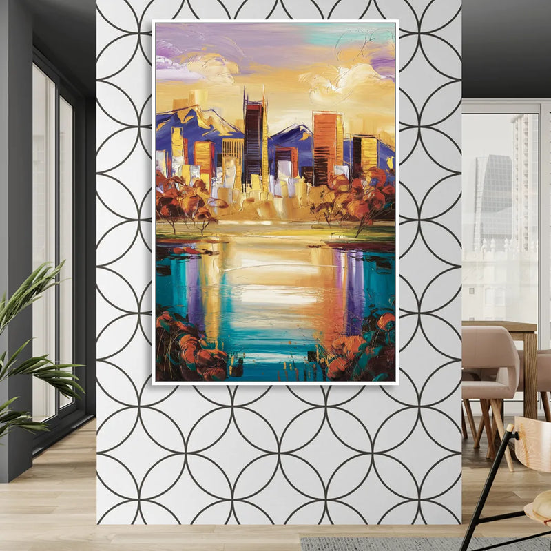 Denver Skyline Reflection Living Room - White Canvas Wall Art