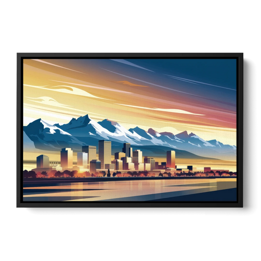 Denver Sunset Over Rockies - Black Framed Canvas Wall Art - Front