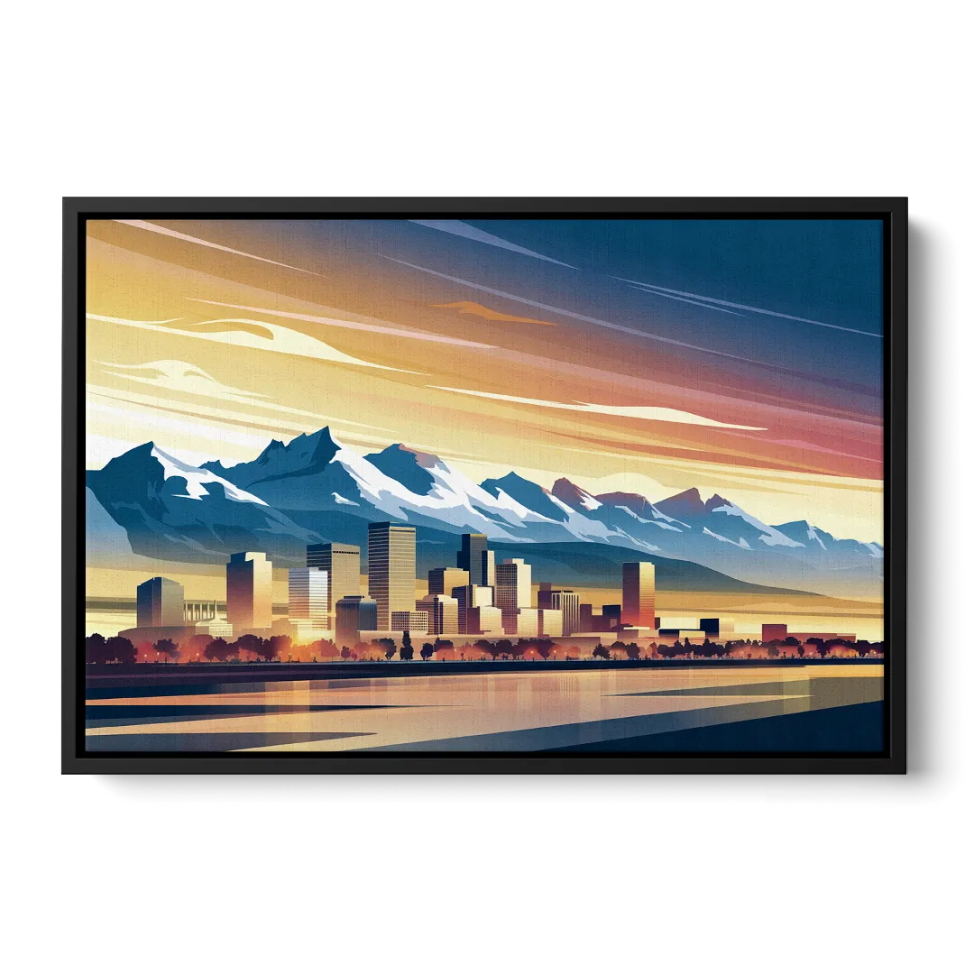 Denver Sunset Over Rockies Front - Black Canvas Wall Art