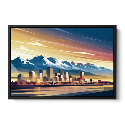Denver Sunset Over Rockies Front - Black Canvas Wall Art