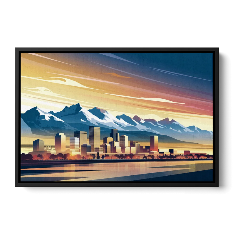 Denver Sunset Over Rockies Front - Black Canvas Wall Art
