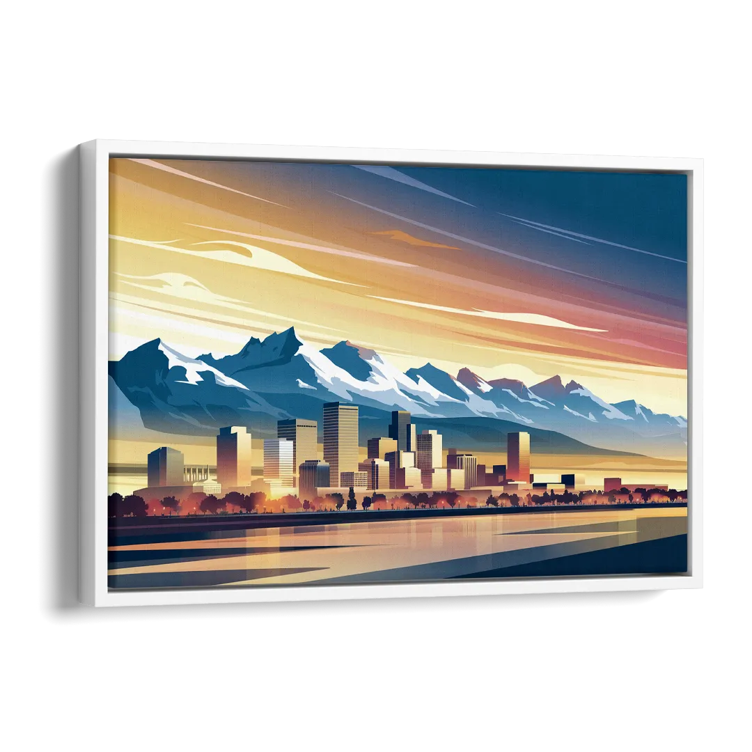 Denver Sunset Over Rockies Side - White Canvas Wall Art