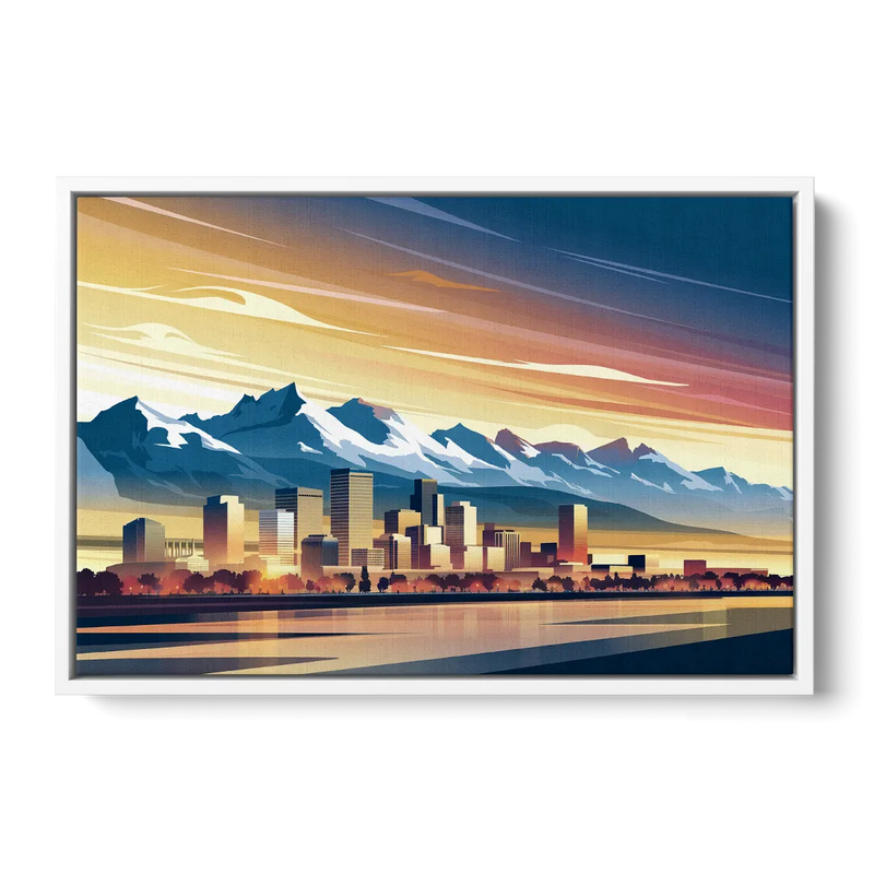 Denver Sunset Over Rockies Front - White Canvas Wall Art