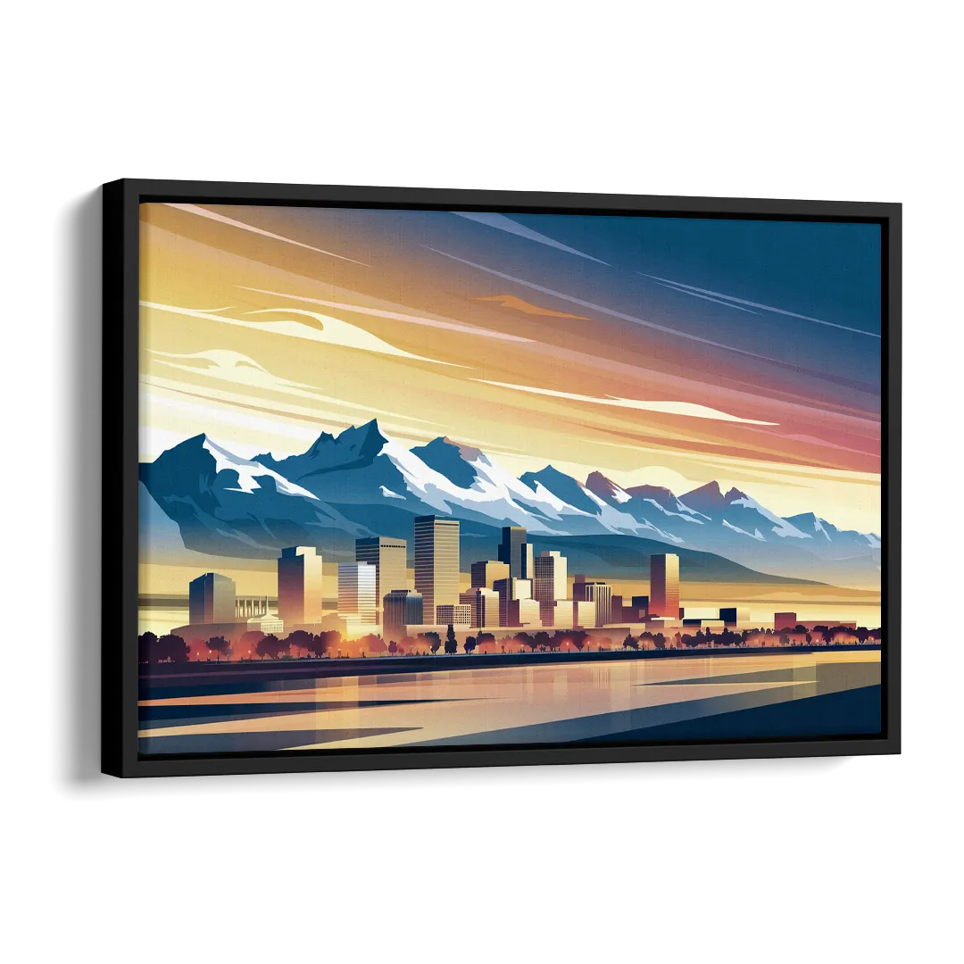 Denver Sunset Over Rockies Side - Black Canvas Wall Art