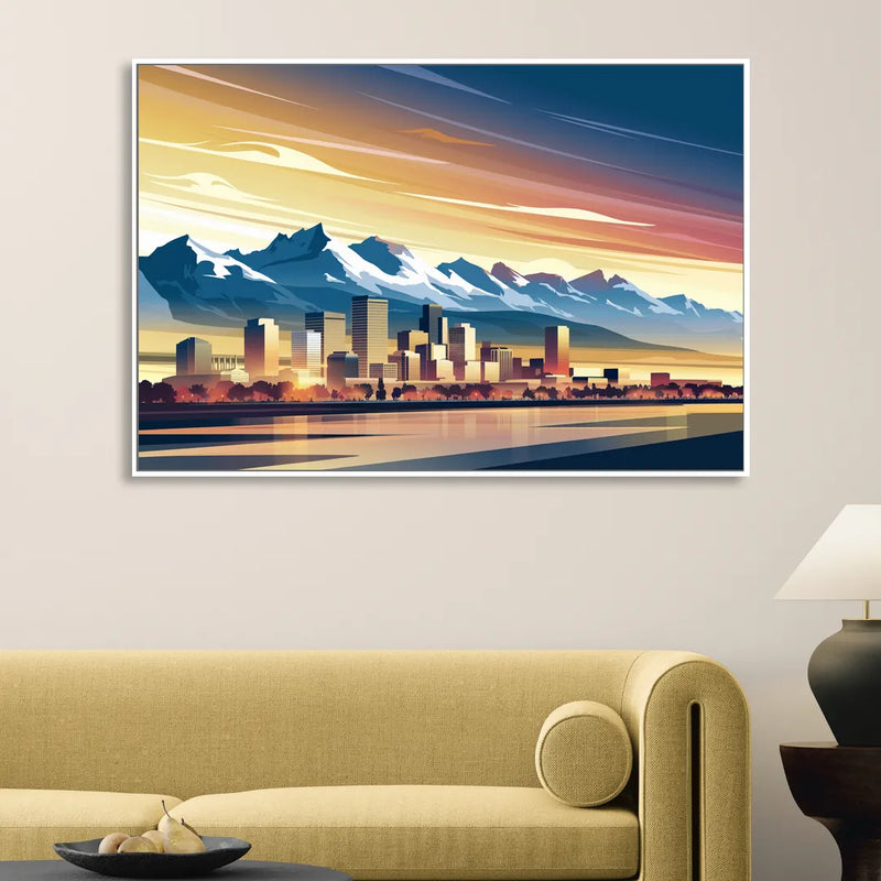 Denver Sunset Over Rockies Sitting Room - White Canvas Wall Art