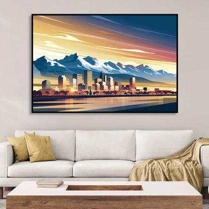 Denver Sunset Over Rockies Living Room - Black Canvas Wall Art