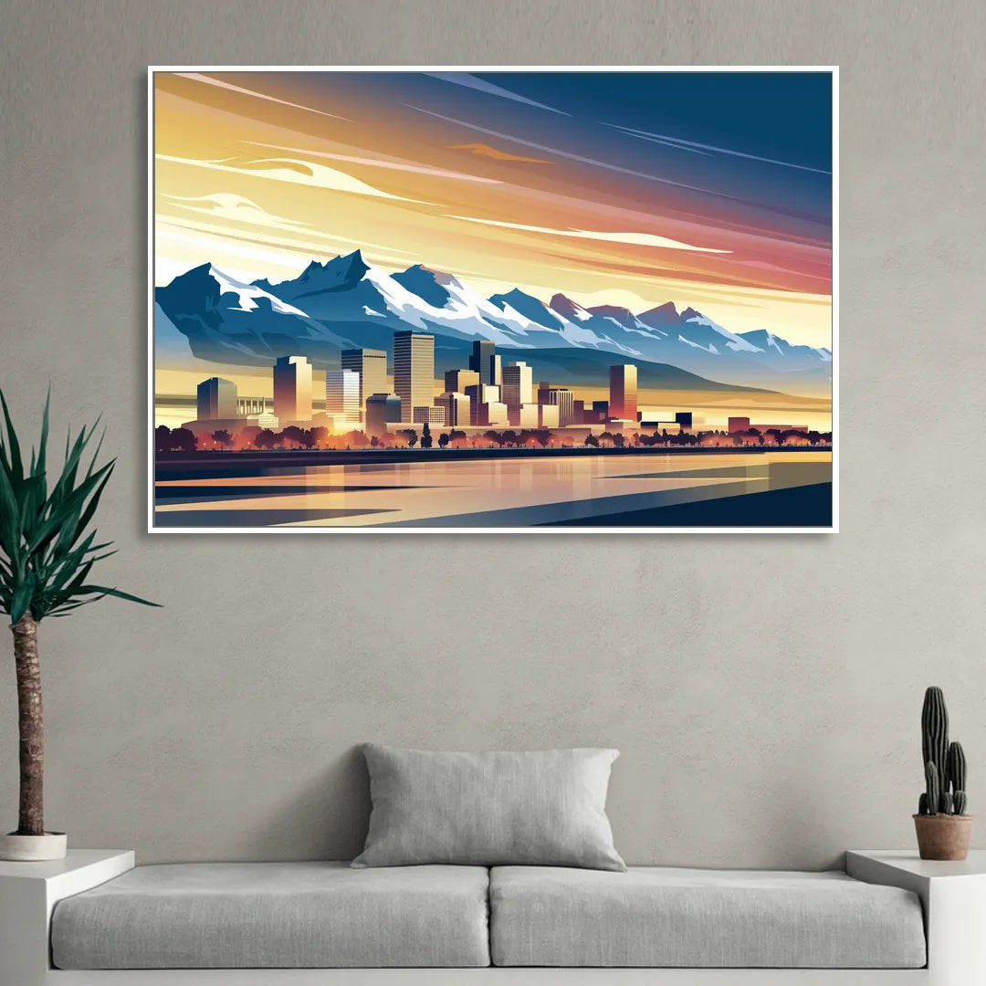 Denver Sunset Over Rockies Living Room - White Canvas Wall Art