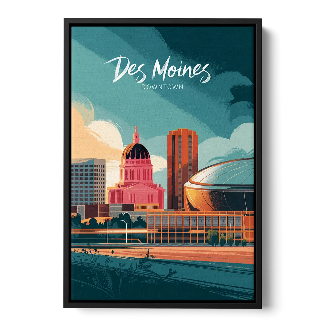 Des Moines Downtown Sunset Front - Black Canvas Wall Art