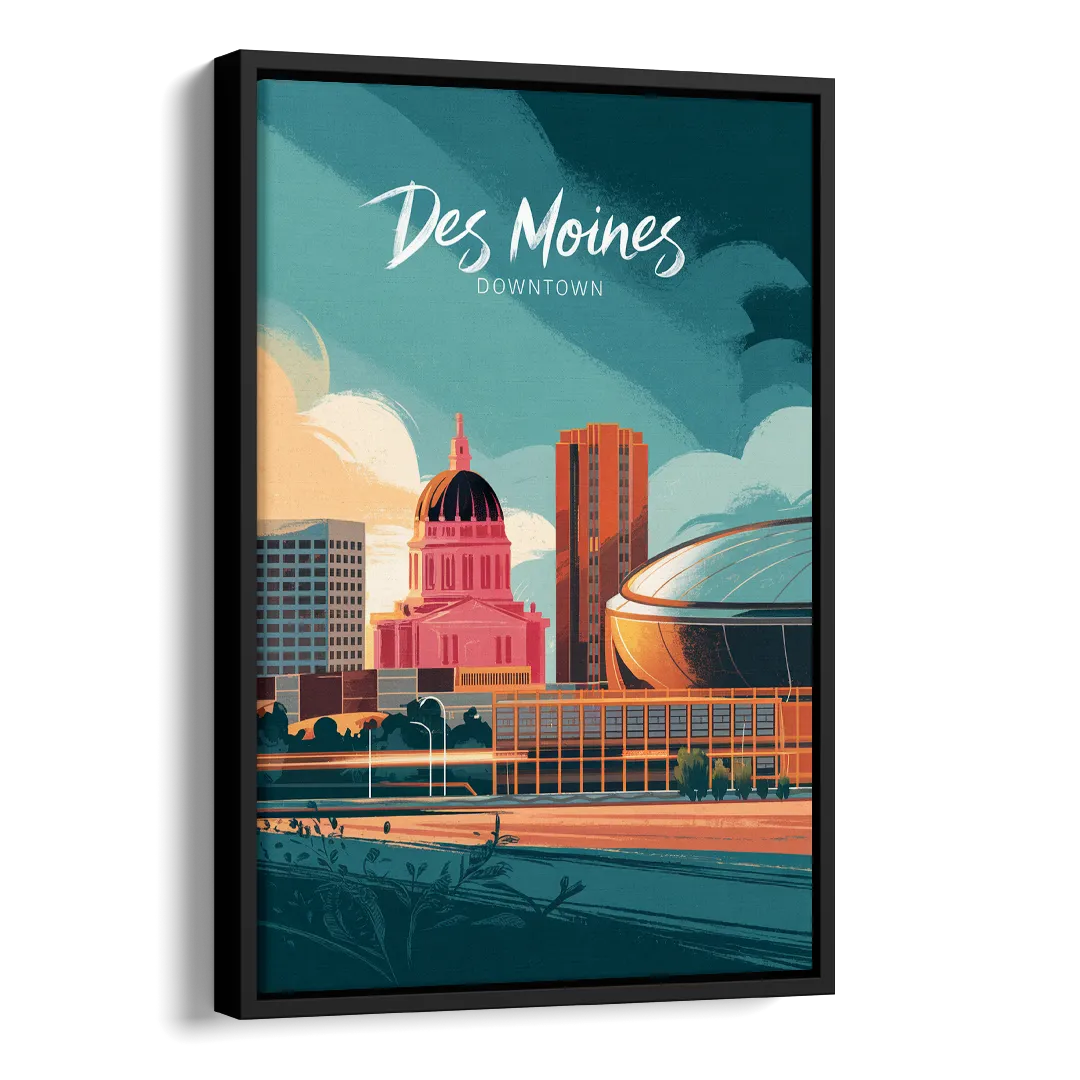 Des Moines Downtown Sunset Side - Black Canvas Wall Art