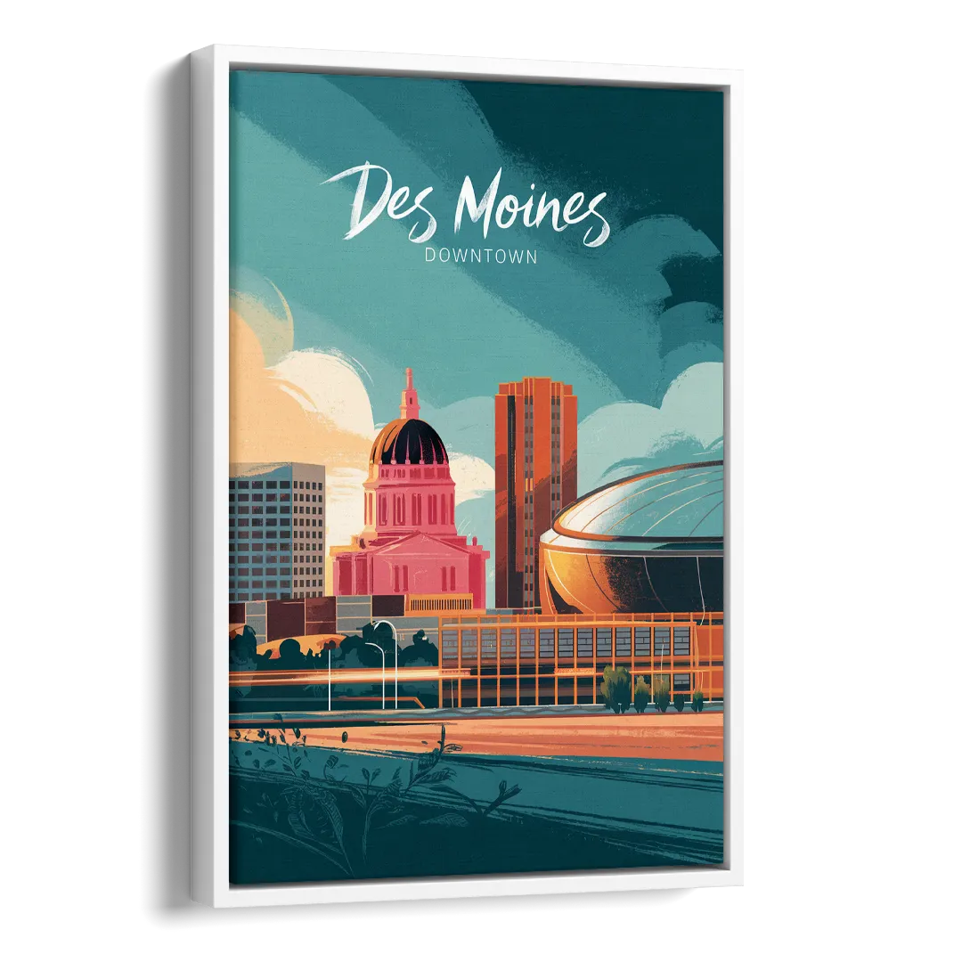 Des Moines Downtown Sunset Side - White Canvas Wall Art
