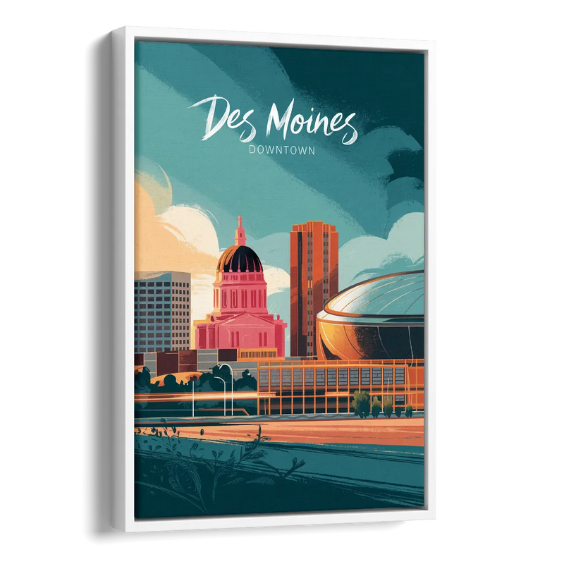 Des Moines Downtown Sunset Side - White Canvas Wall Art