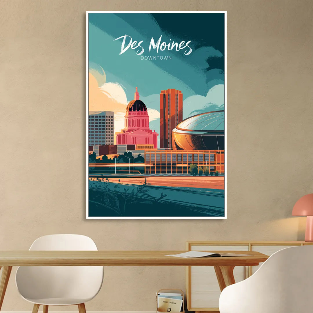 Des Moines Downtown Sunset Living Room - White Canvas Wall Art