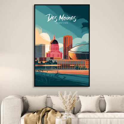 Des Moines Downtown Sunset Sitting Room - Black Canvas Wall Art