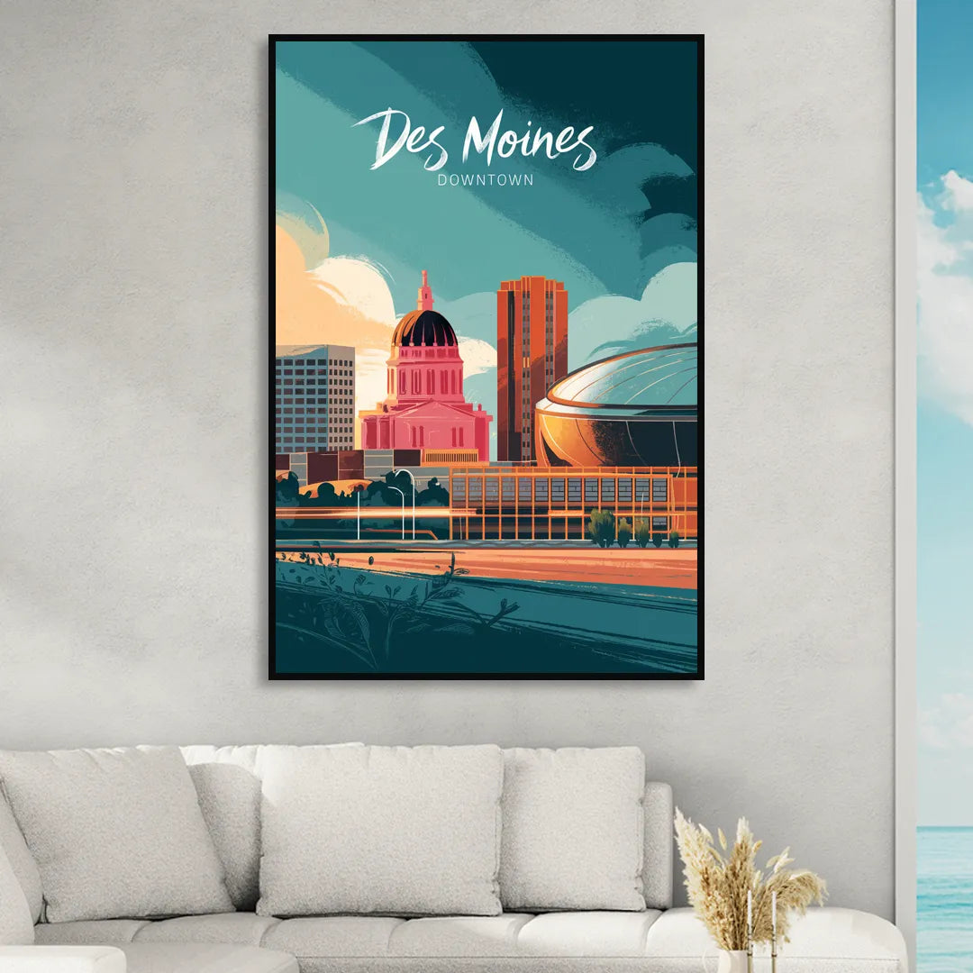 Des Moines Downtown Sunset Living Room - Black Canvas Wall Art
