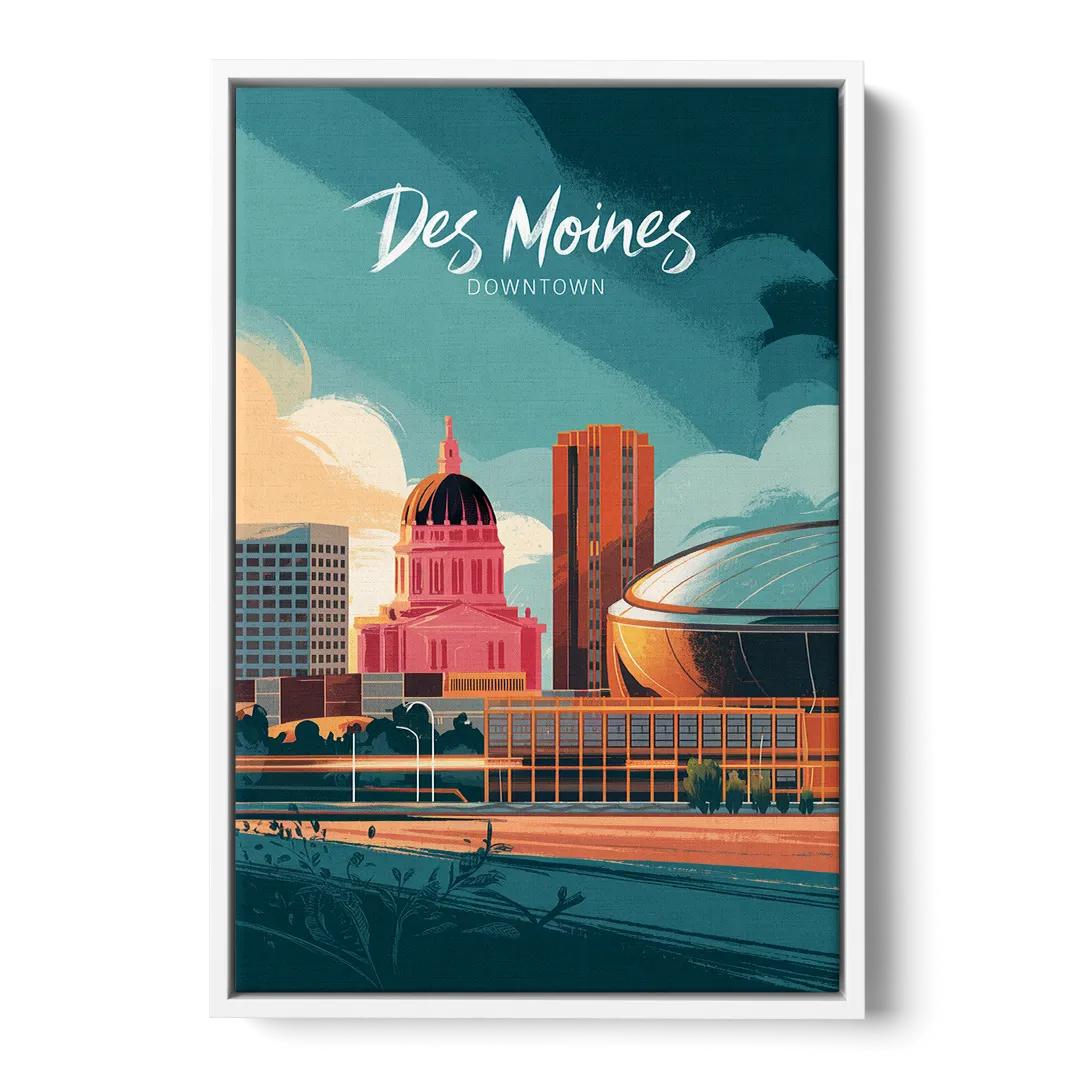 Des Moines Downtown Sunset Front - White Canvas Wall Art