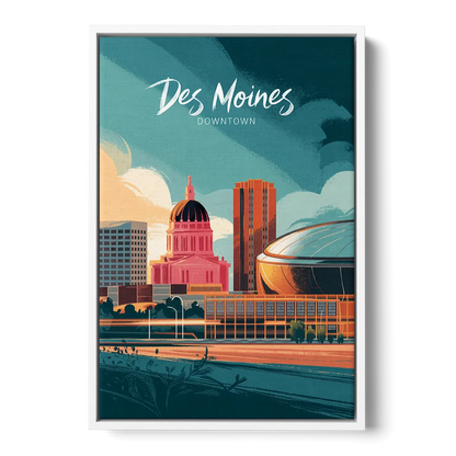 Des Moines Downtown Sunset Front - White Canvas Wall Art