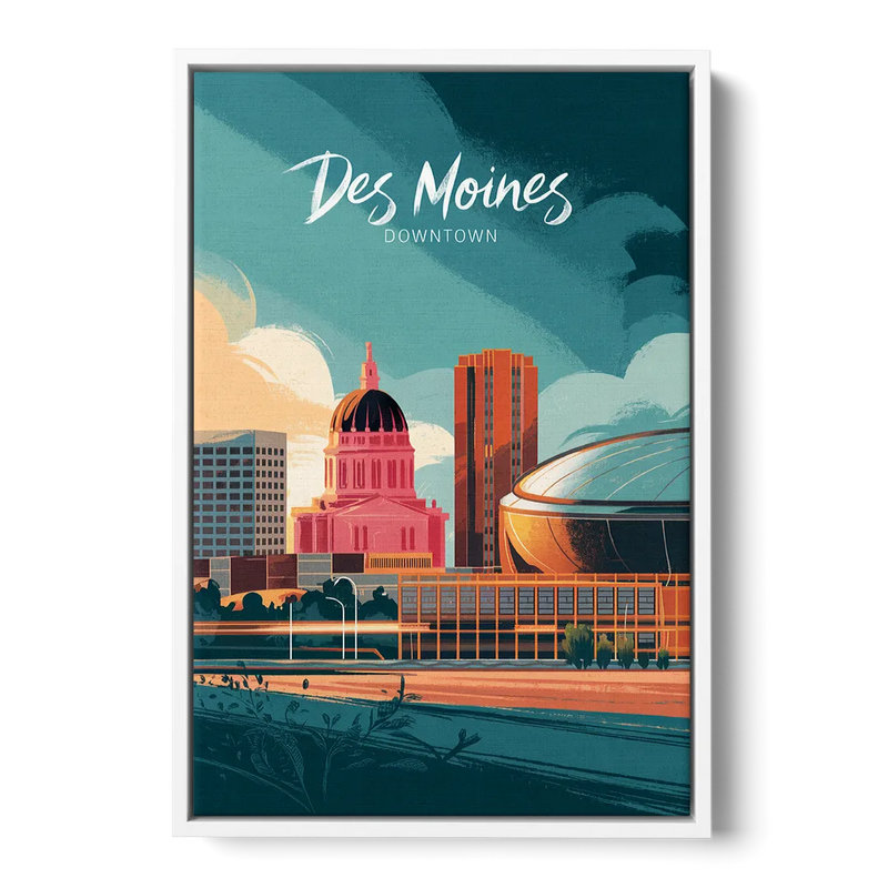 Des Moines Downtown Sunset Front - White Canvas Wall Art