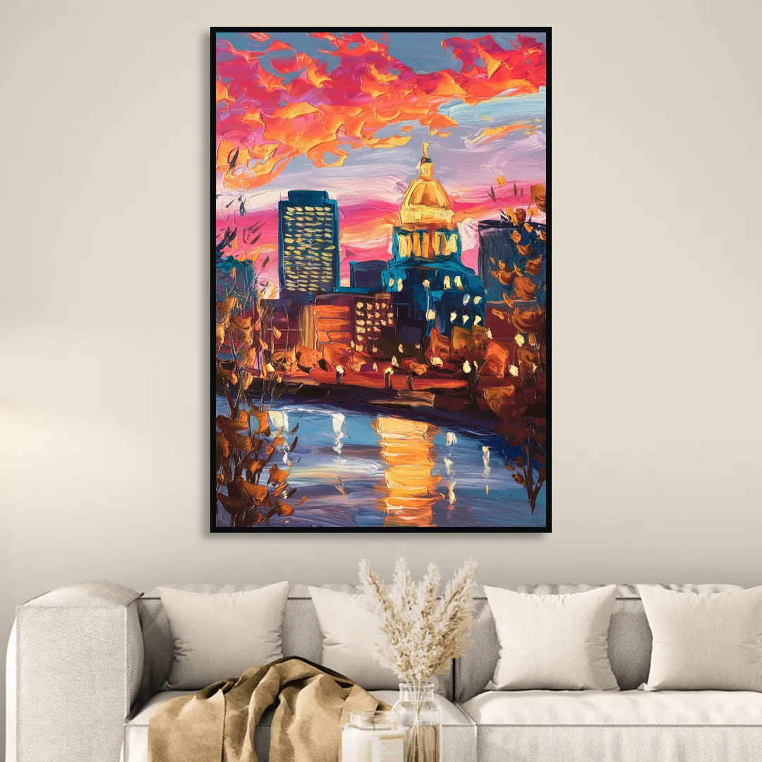 Des Moines Evening Lights Living Room - Black Canvas Wall Art