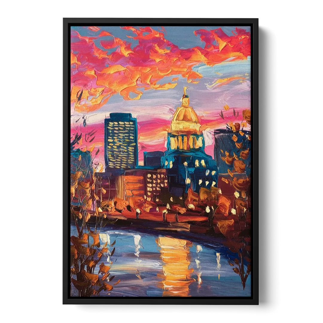 Des Moines Evening Lights Front - Black Canvas Wall Art