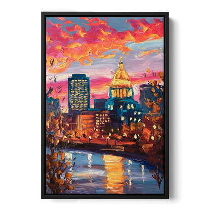 Des Moines Evening Lights Front - Black Canvas Wall Art